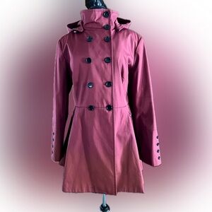 Calvin Klein double breasted, hooded, flared mid length burgundy colored coat